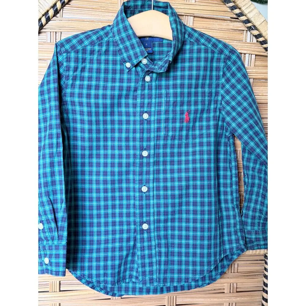 Ralph Lauren Boys blue teal check button front dress shirt long sleeve 4 preppy